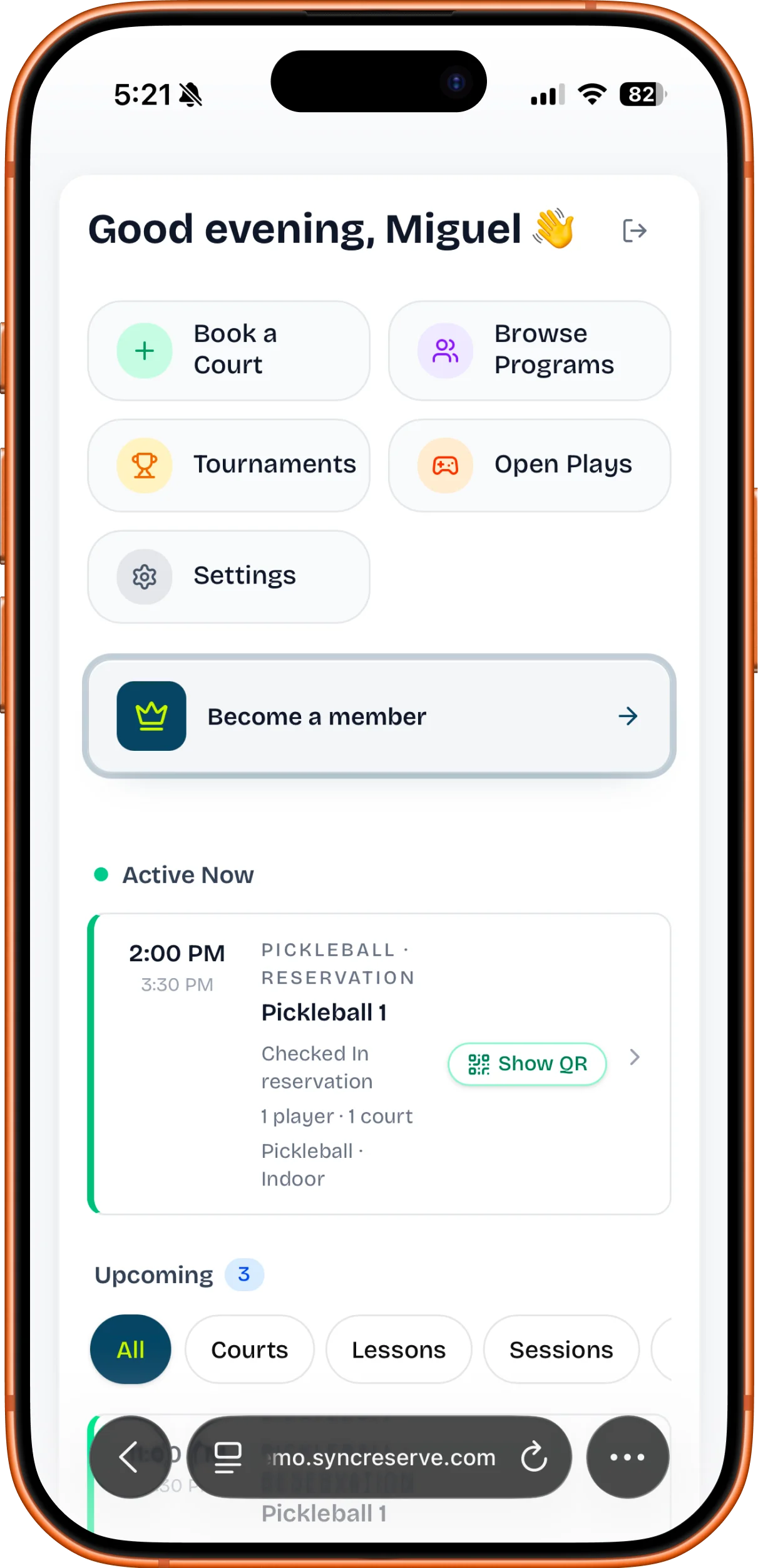 SyncReserve member profile on iPhone — reservations, programs, and account credit in one view