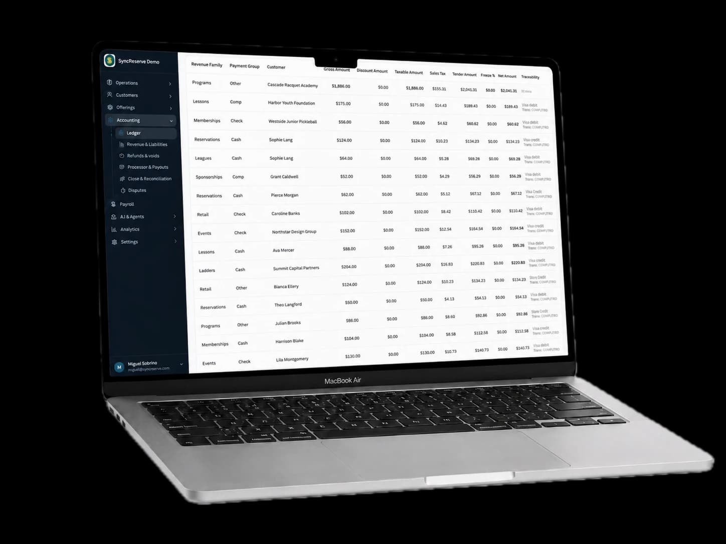 SyncReserve accounting ledger on MacBook — reservations, programs, memberships, rentals, and credits auto-reconciled