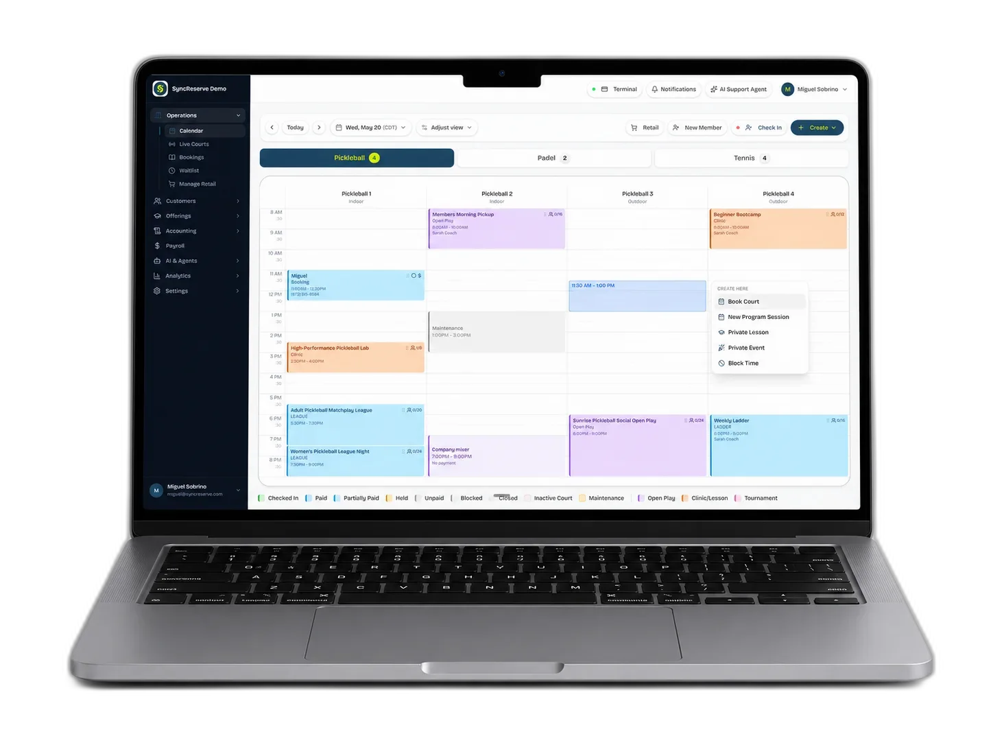 SyncReserve admin dashboard on MacBook — bookings, calendar, and operations in one branded platform