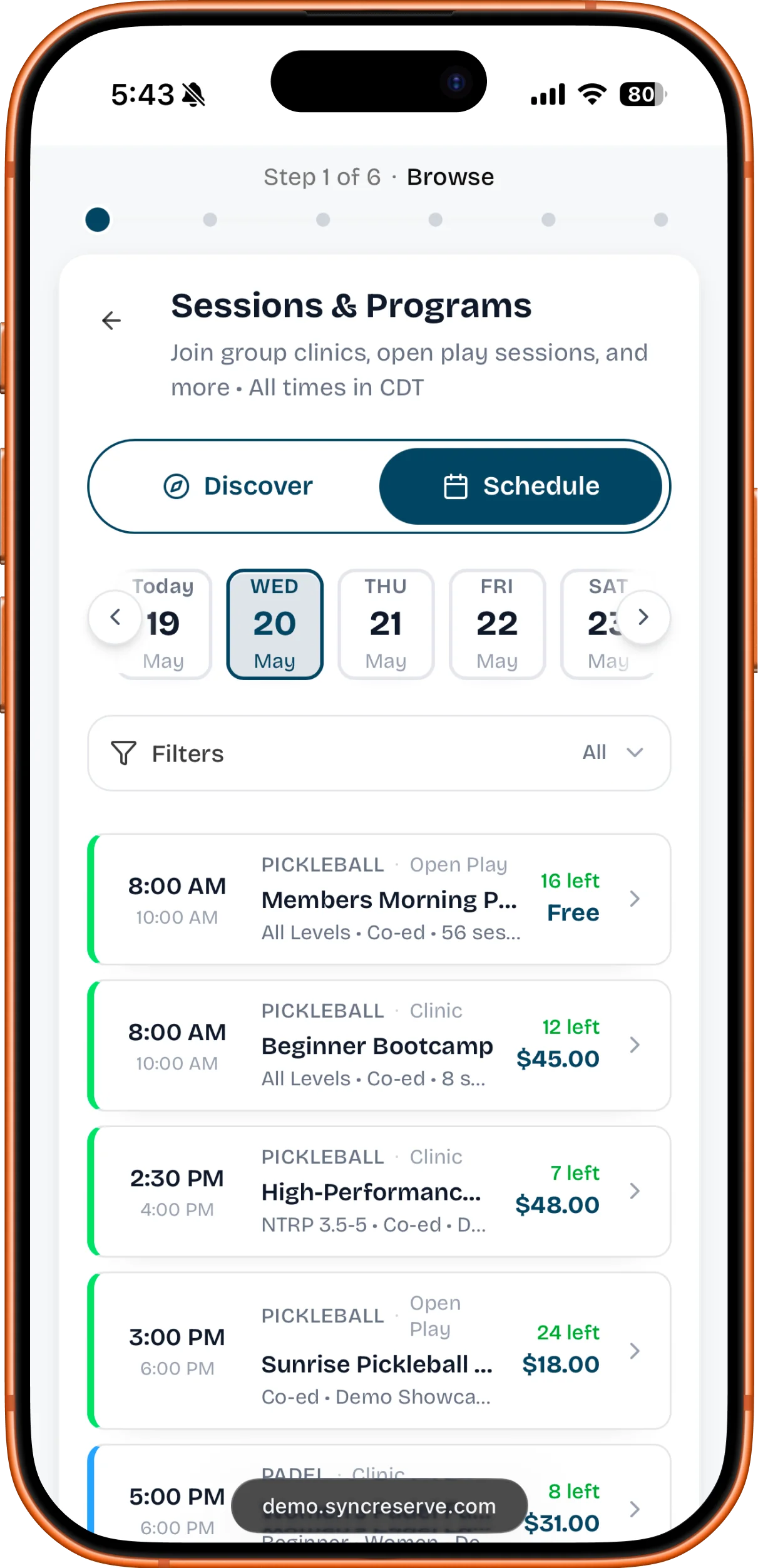 SyncReserve program roster on iPhone — clinics, leagues, and rosters in one branded app
