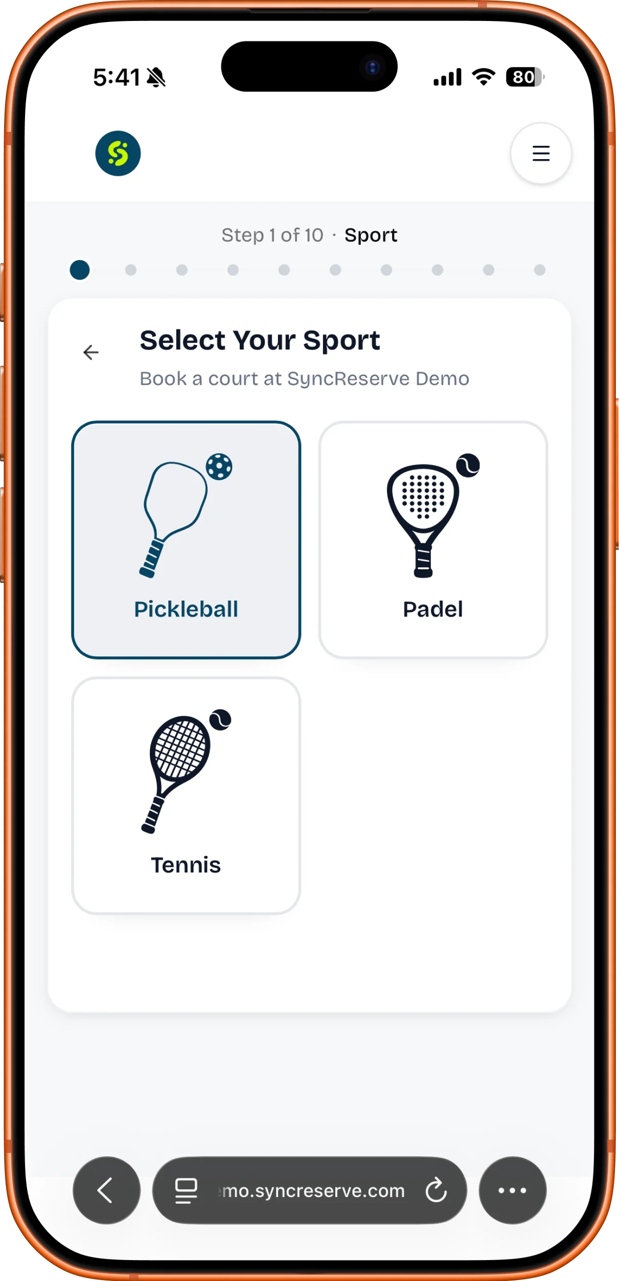 SyncReserve booking on iPhone — court selection, add-ons, and reserve & pay