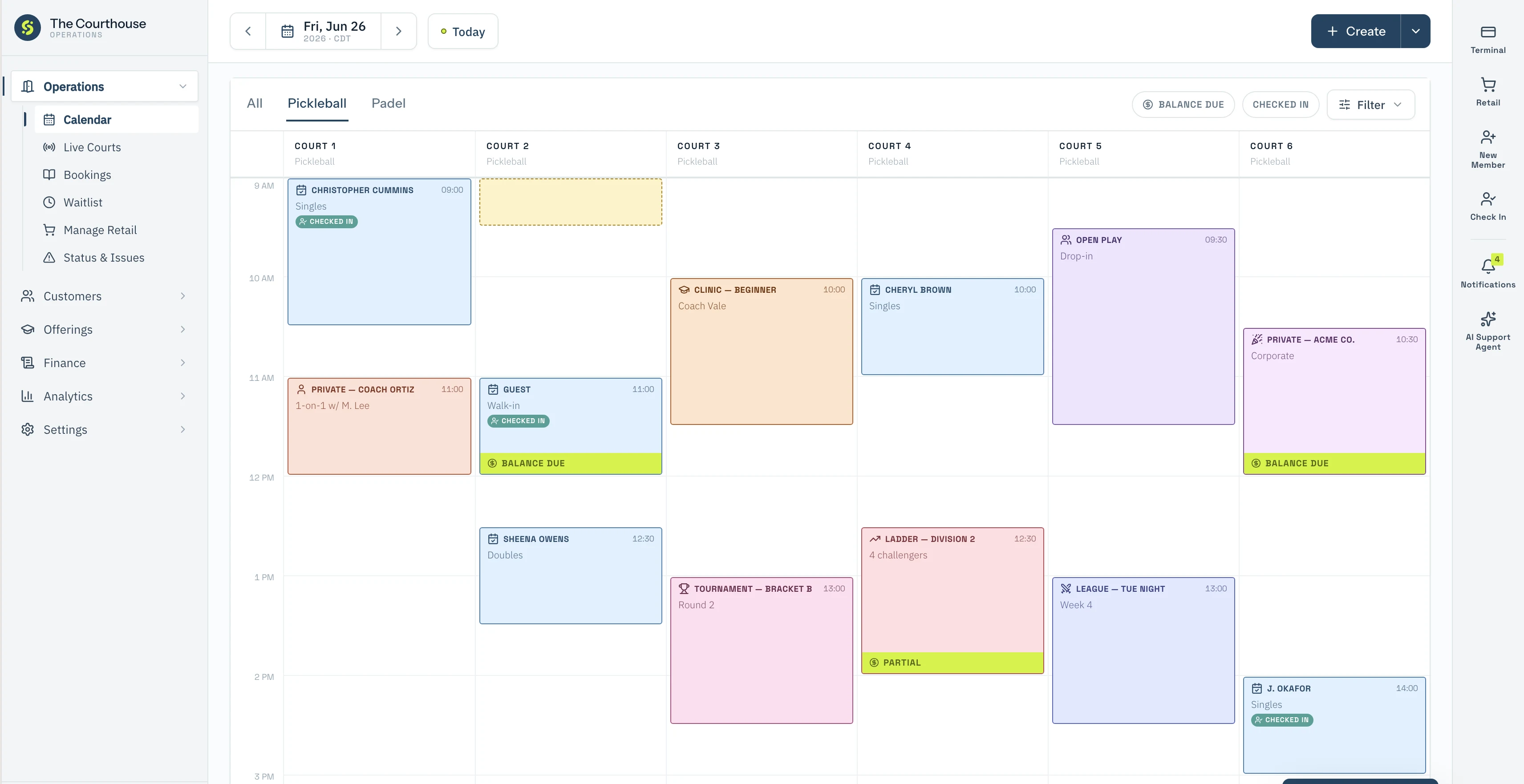 SyncReserve admin calendar showing color-coded pickleball bookings across six courts