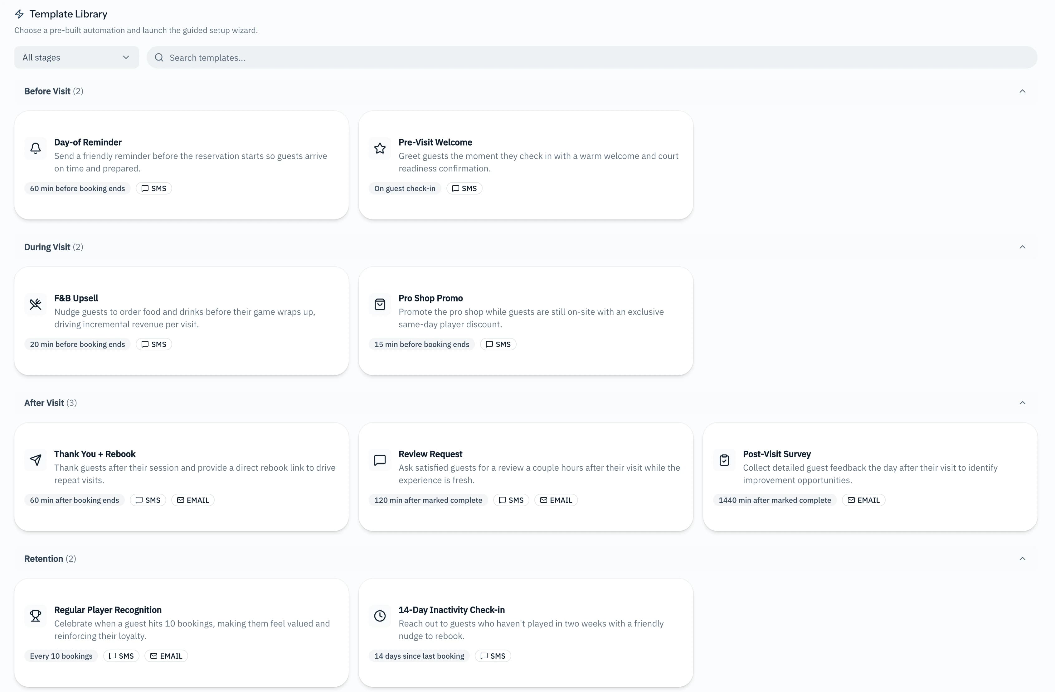 SyncReserve automation template library showing pre-built guest messaging workflows before, during, and after visits