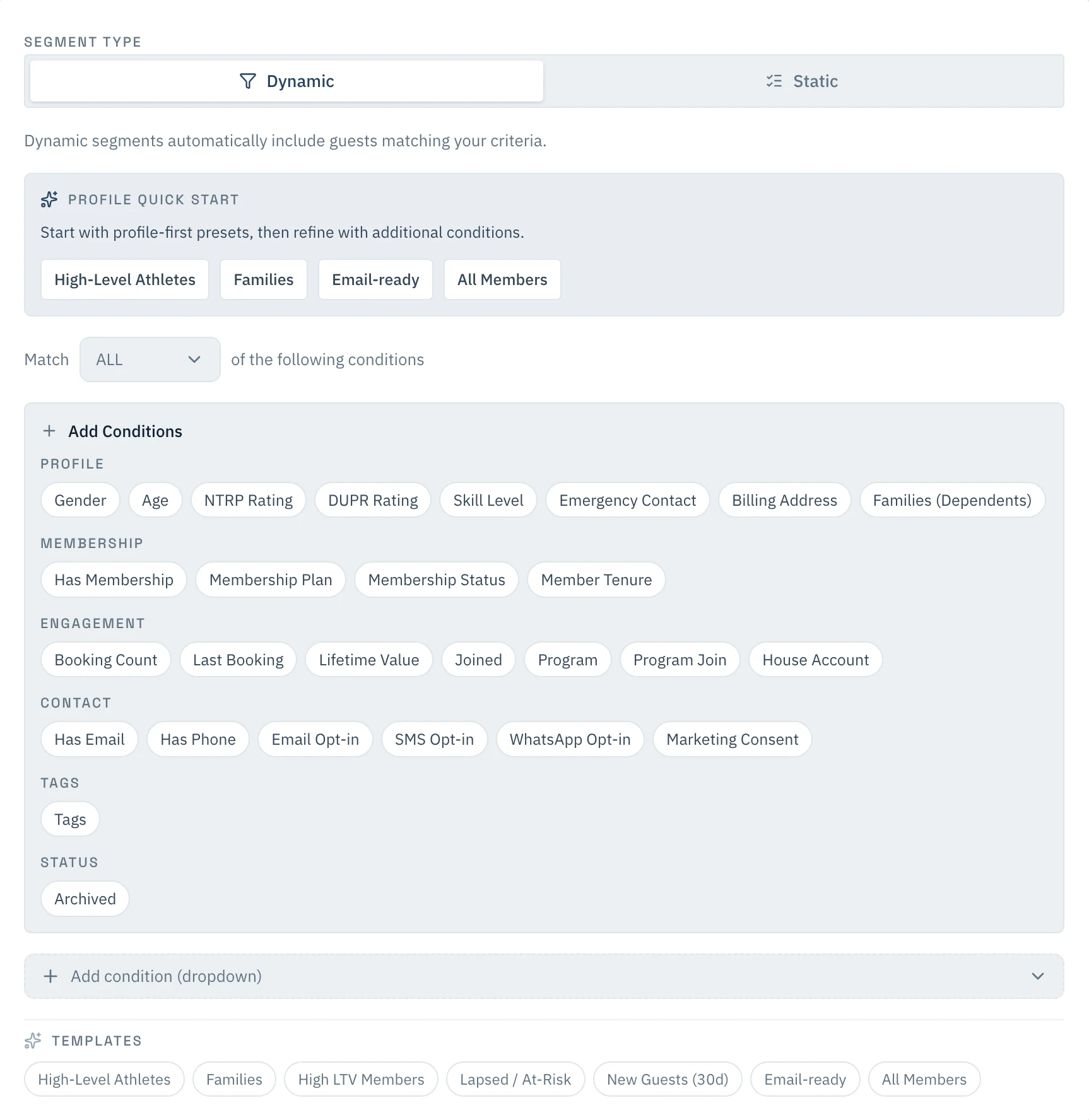 SyncReserve campaign segment builder showing dynamic segment details, quick-start presets, and profile, membership, engagement, and contact conditions