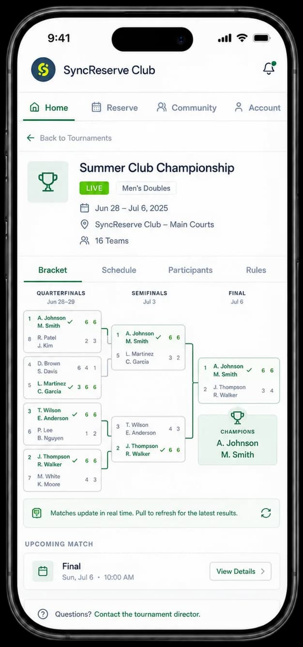SyncReserve member app showing a live tournament bracket