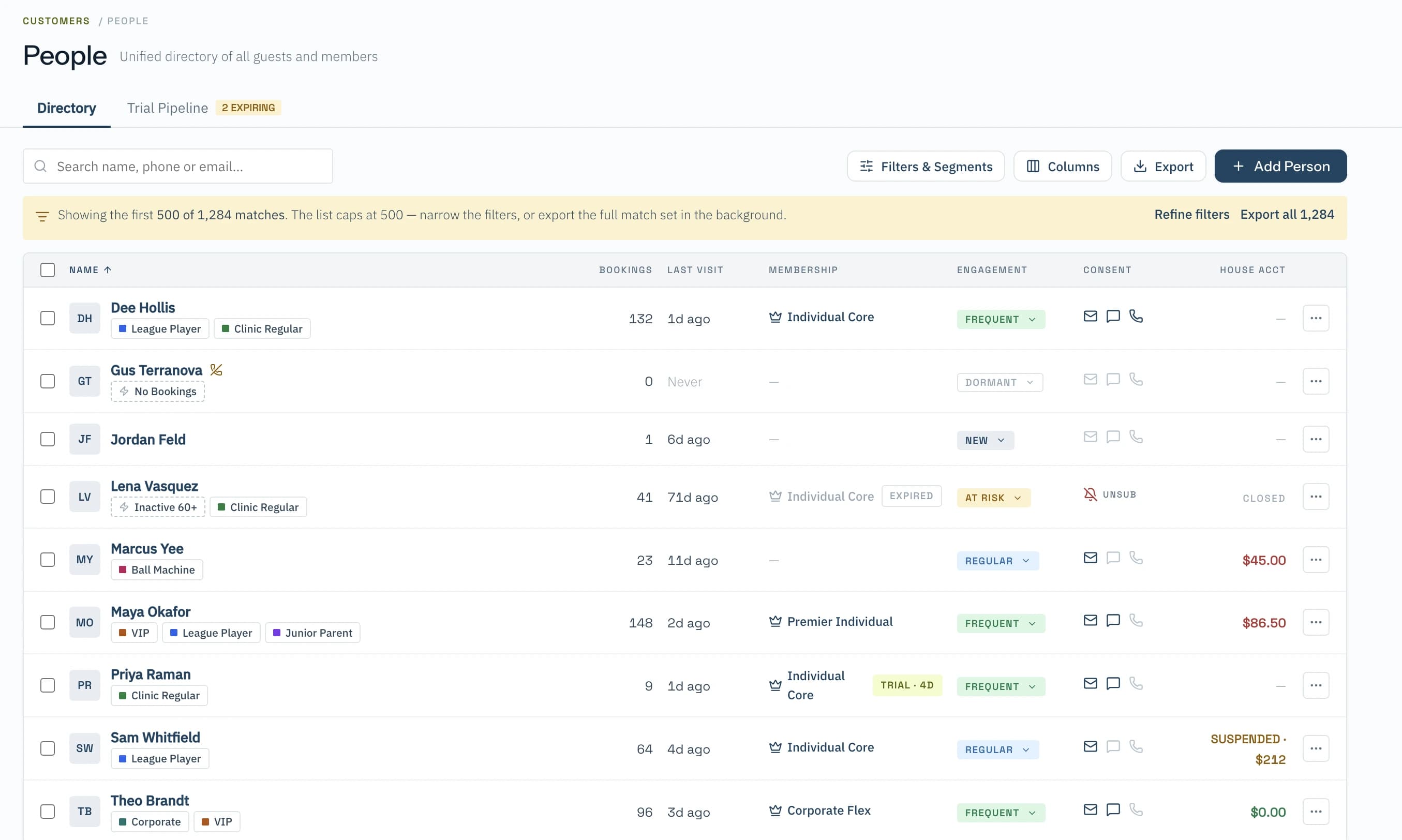 SyncReserve admin CRM people directory showing guest and member records, engagement status, consent, and account balances