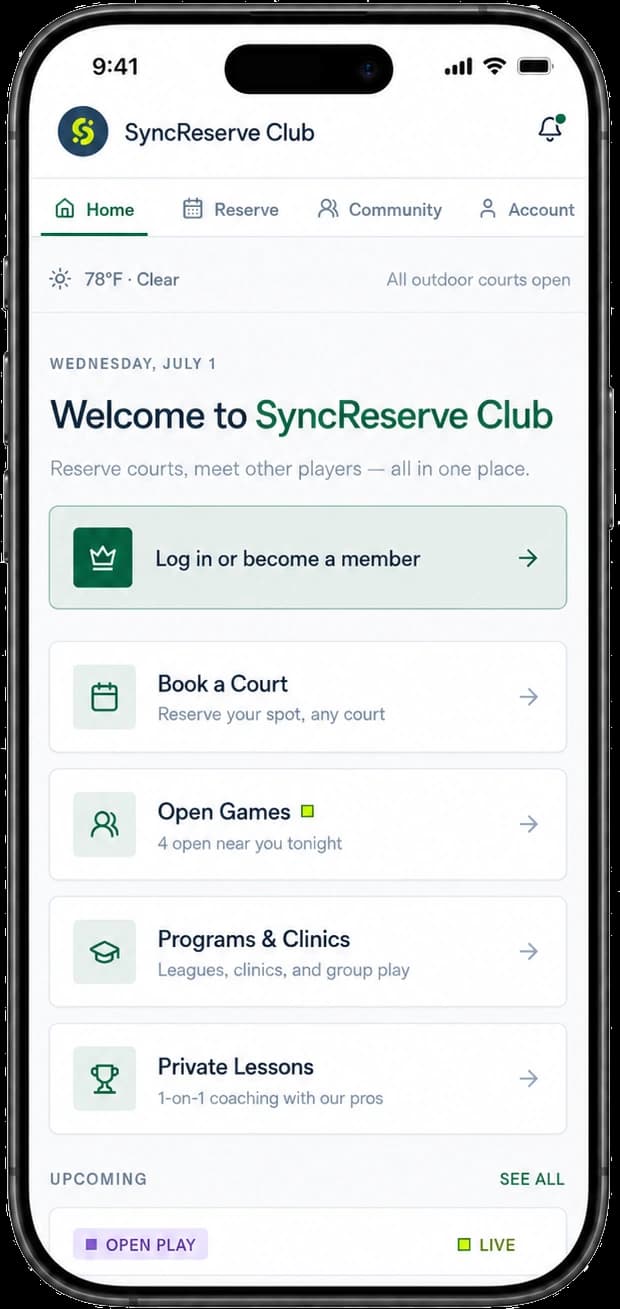 SyncReserve Club member mobile home screen
