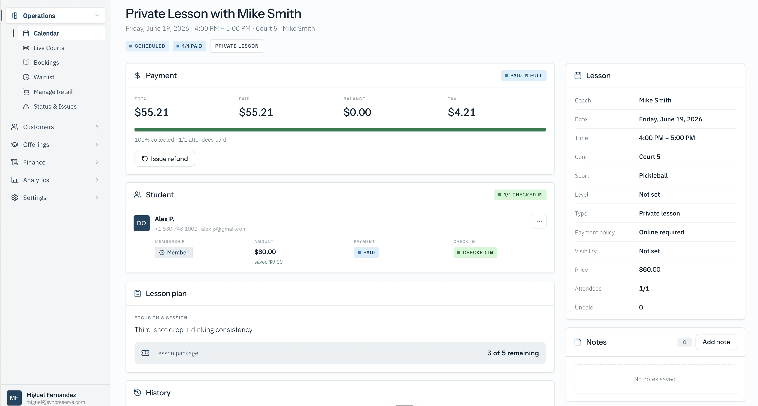 SyncReserve admin private lesson detail page with payment, student, lesson plan, and lesson summary panels