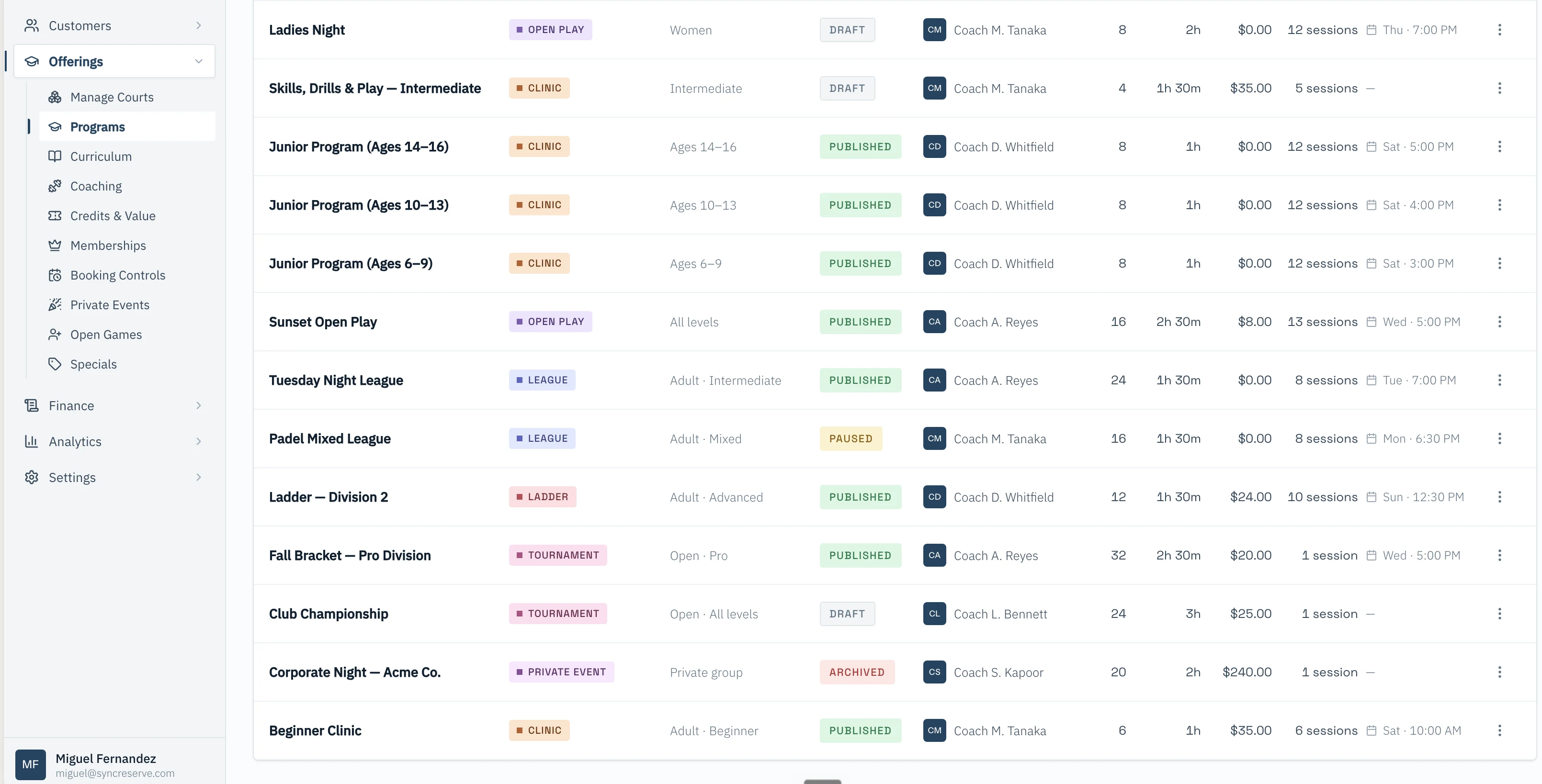 SyncReserve admin offerings page showing programs, leagues, ladders, tournaments, and clinics